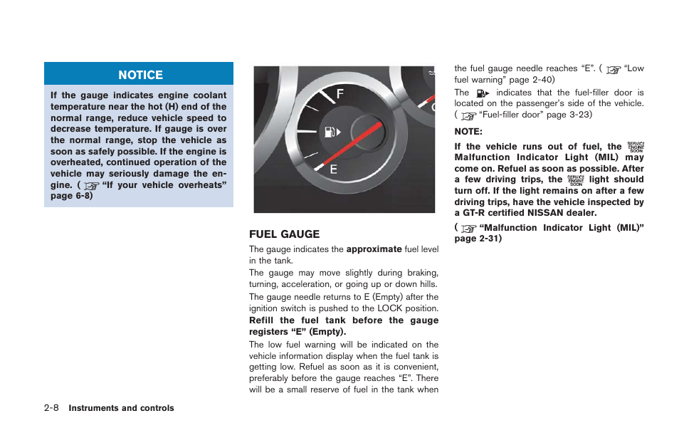 Fuel gauge -8, Notice | NISSAN 2014 GT R - Owner's Manual User Manual | Page 105 / 354