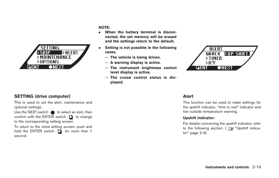 Setting (drive computer) -19 | NISSAN 2014 GT R - Owner's Manual User Manual | Page 116 / 354