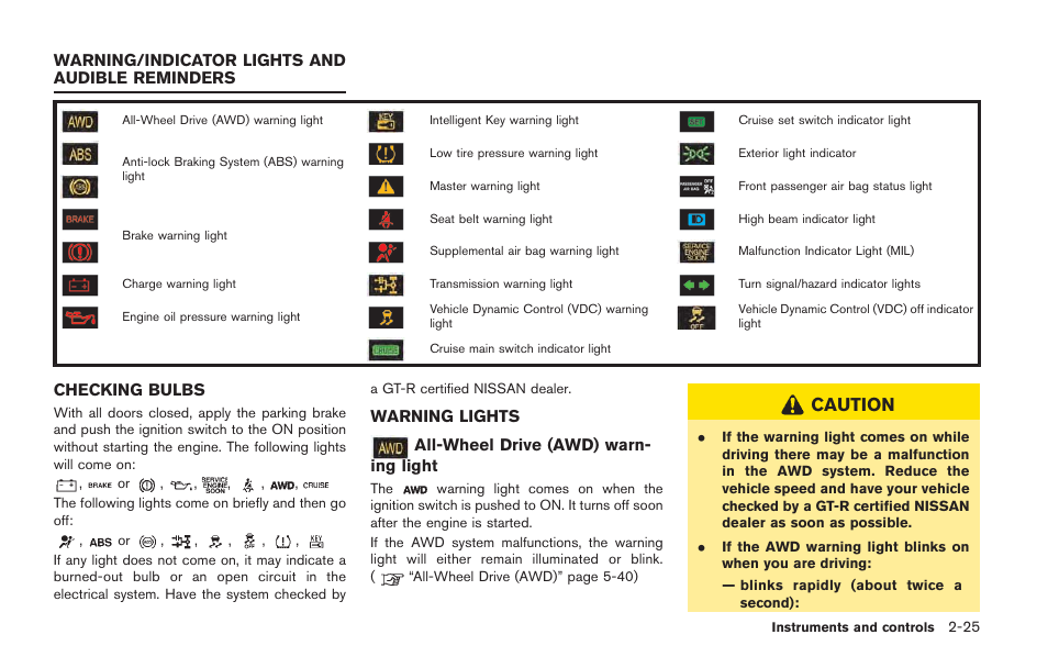Warning/indicator lights and audible reminders -25, Checking bulbs -25 warning lights -25, Caution | NISSAN 2014 GT R - Owner's Manual User Manual | Page 122 / 354