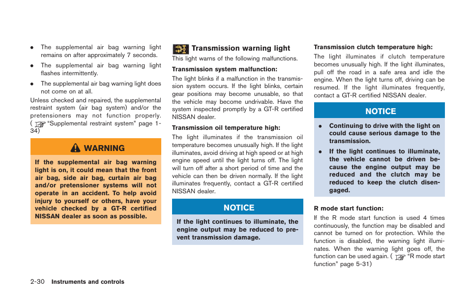 Warning, Notice | NISSAN 2014 GT R - Owner's Manual User Manual | Page 127 / 354