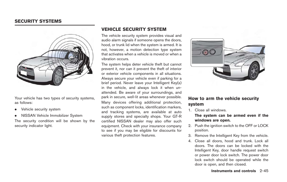 Security systems -45, Vehicle security system -45 | NISSAN 2014 GT R - Owner's Manual User Manual | Page 142 / 354