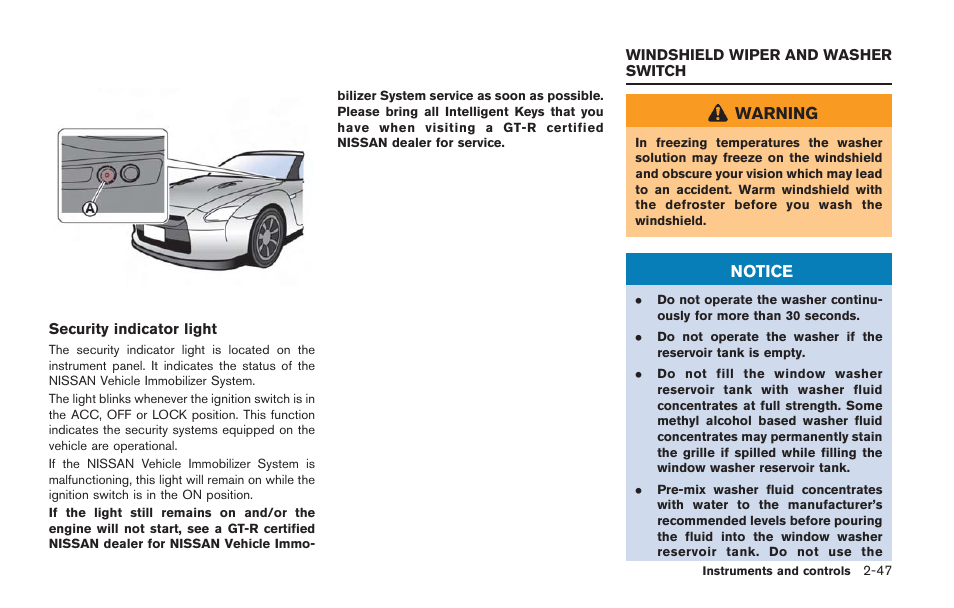 Windshield wiper and washer switch -47 | NISSAN 2014 GT R - Owner's Manual User Manual | Page 144 / 354