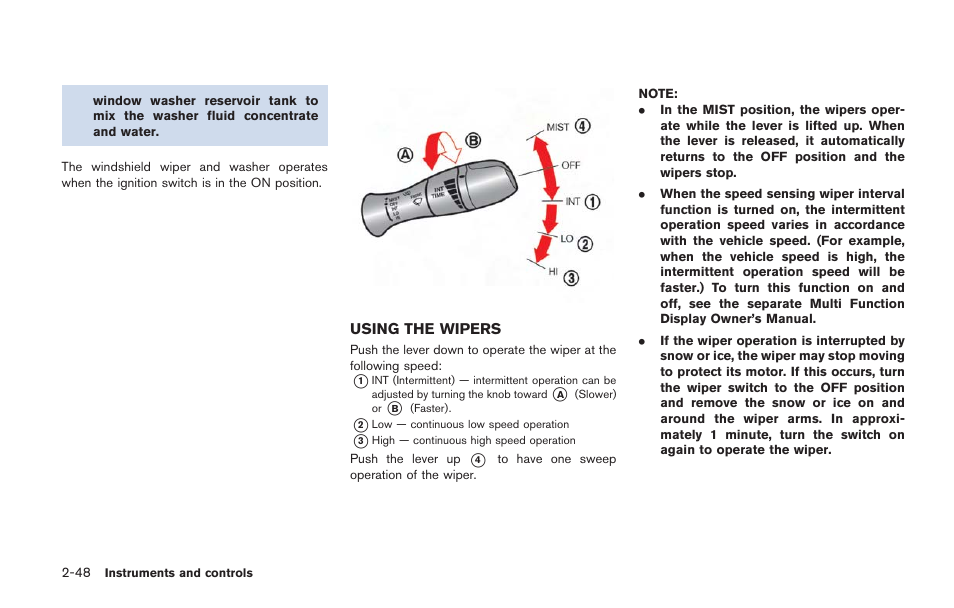 Using the wipers -48 | NISSAN 2014 GT R - Owner's Manual User Manual | Page 145 / 354