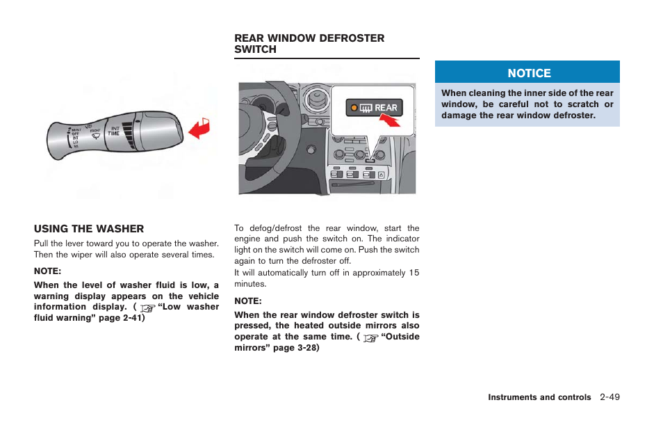 Using the washer -49, Rear window defroster switch -49 | NISSAN 2014 GT R - Owner's Manual User Manual | Page 146 / 354