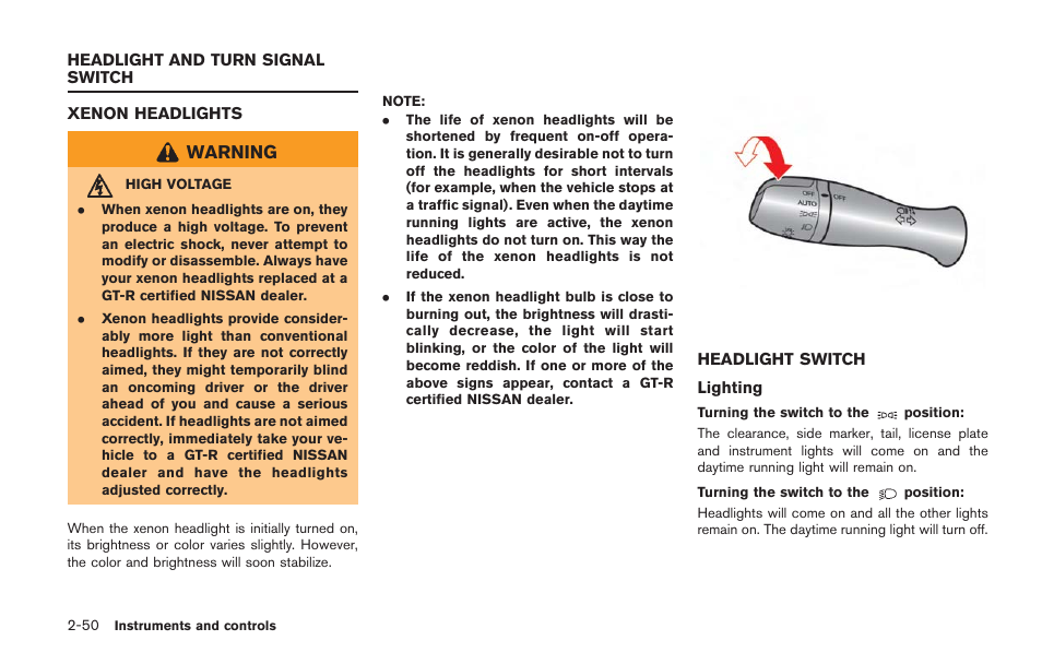 Headlight and turn signal switch -50, Xenon headlights -50 headlight switch -50 | NISSAN 2014 GT R - Owner's Manual User Manual | Page 147 / 354