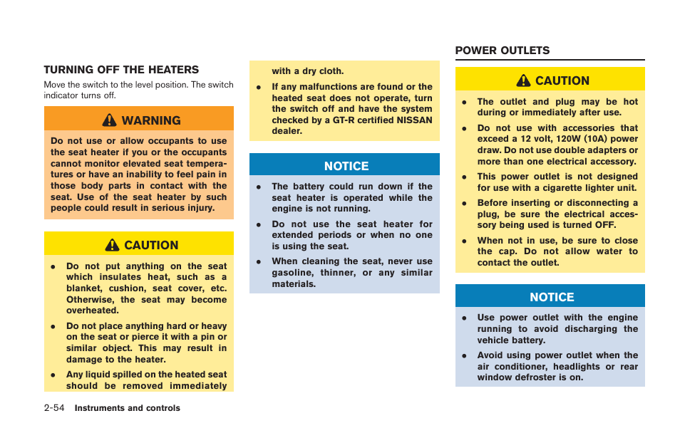 Turning off the heaters -54, Power outlets -54 | NISSAN 2014 GT R - Owner's Manual User Manual | Page 151 / 354