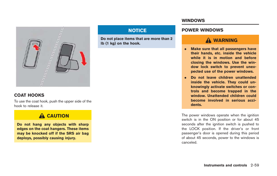 Coat hooks -59, Windows -59, Power windows -59 | NISSAN 2014 GT R - Owner's Manual User Manual | Page 156 / 354