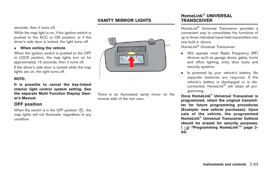 Vanity mirror lights -63 homelink, Universal transceiver -63 | NISSAN 2014 GT R - Owner's Manual User Manual | Page 160 / 354