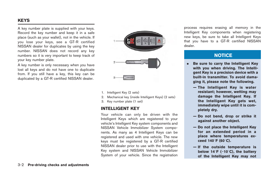 Keys -2, Intelligent key -2, Notice | NISSAN 2014 GT R - Owner's Manual User Manual | Page 167 / 354