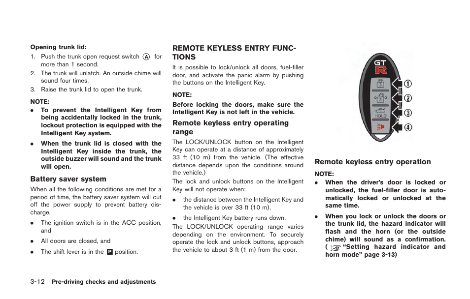 Remote keyless entry functions -12 | NISSAN 2014 GT R - Owner's Manual User Manual | Page 177 / 354