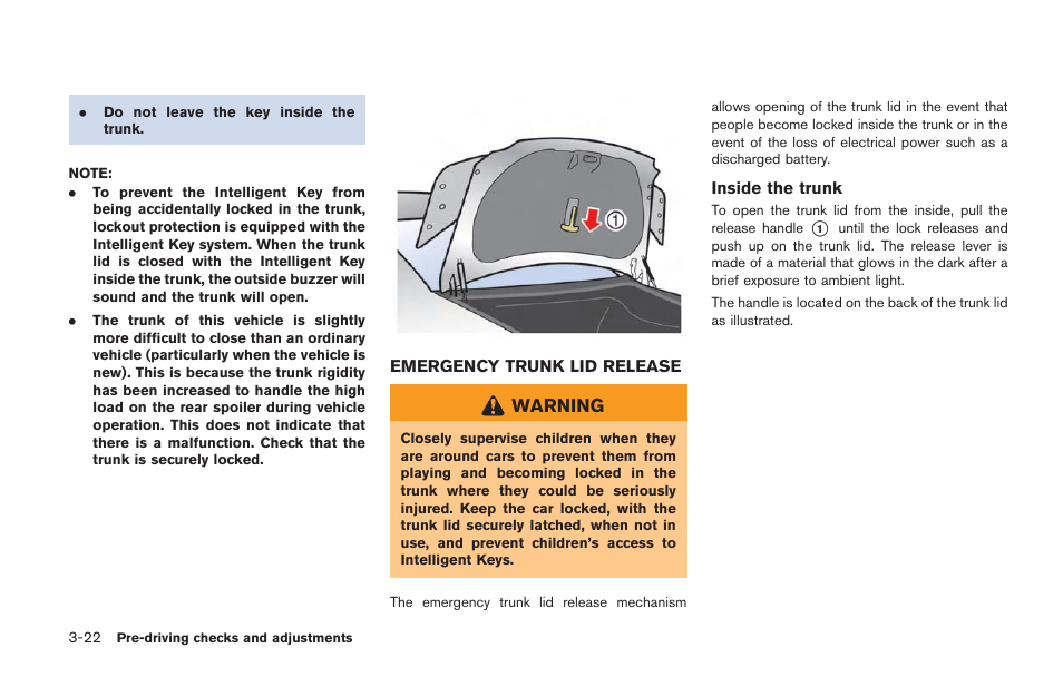 Emergency trunk lid release -22 | NISSAN 2014 GT R - Owner's Manual User Manual | Page 187 / 354