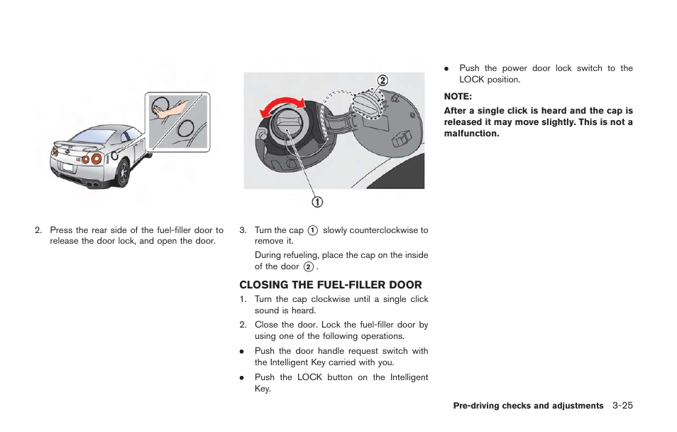 Closing the fuel-filler door -25 | NISSAN 2014 GT R - Owner's Manual User Manual | Page 190 / 354