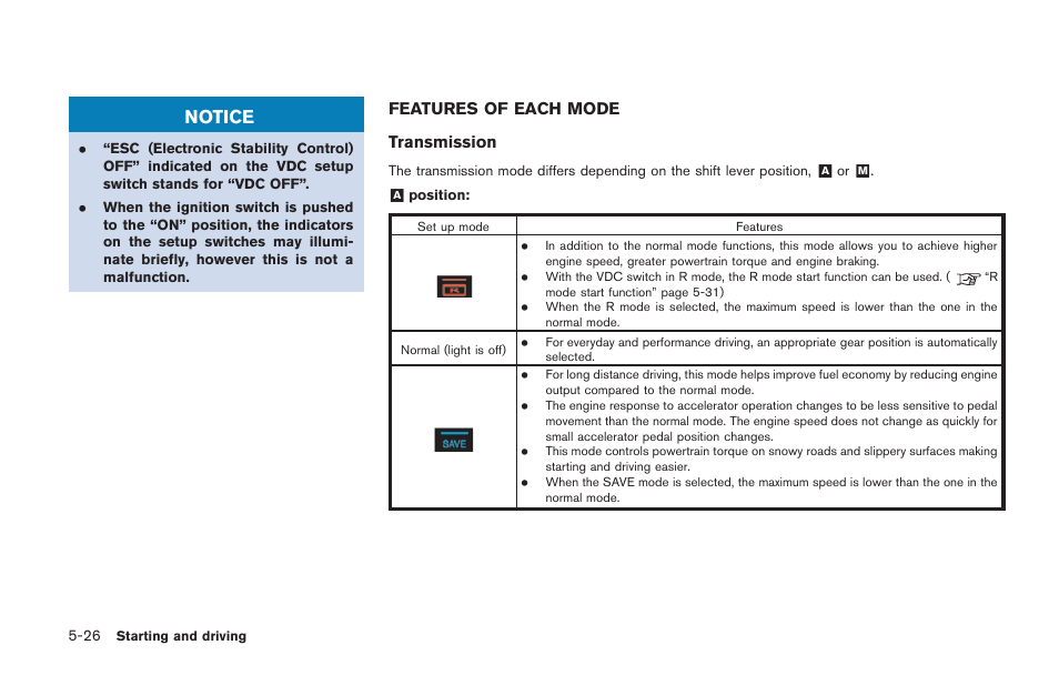 Features of each mode -26, Notice | NISSAN 2014 GT R - Owner's Manual User Manual | Page 223 / 354