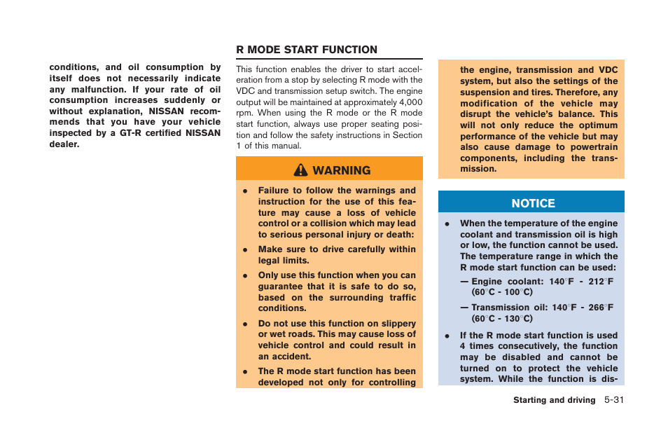 R mode start function -31, Warning, Notice | NISSAN 2014 GT R - Owner's Manual User Manual | Page 228 / 354