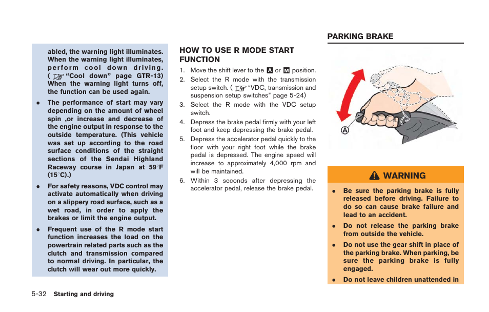 How to use r mode start function -32, Parking brake -32, Warning | NISSAN 2014 GT R - Owner's Manual User Manual | Page 229 / 354