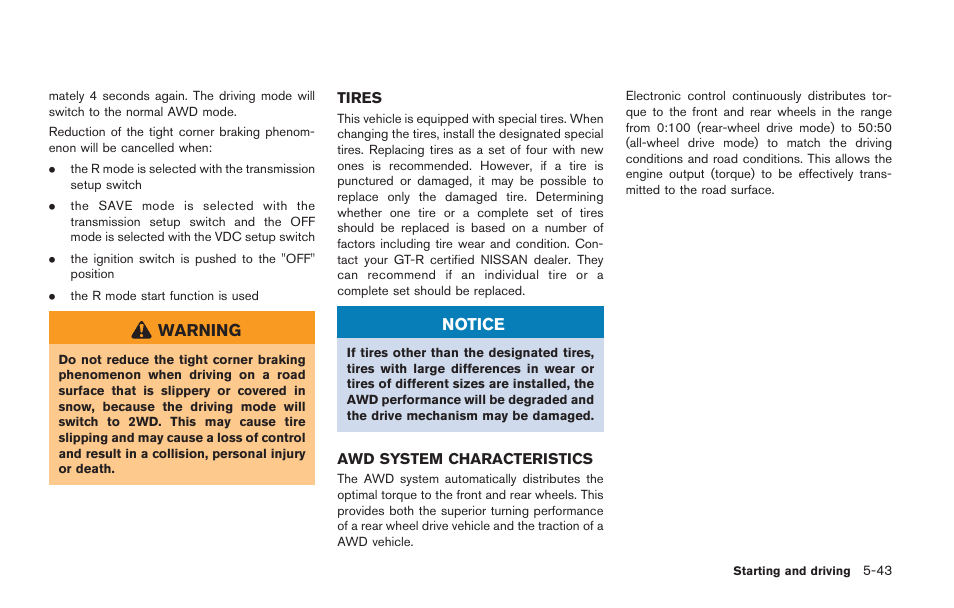 Tires -43 awd system characteristics -43 | NISSAN 2014 GT R - Owner's Manual User Manual | Page 240 / 354