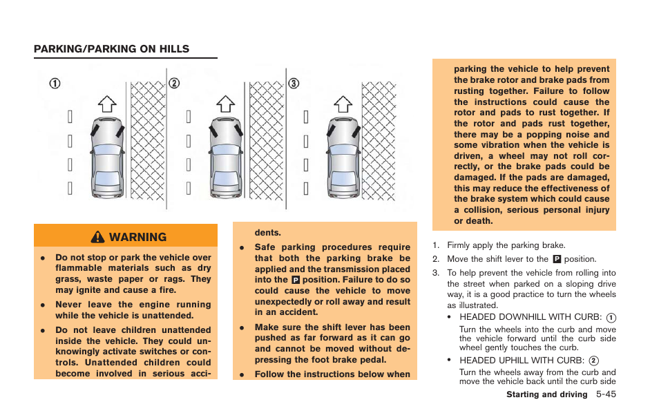 Parking/parking on hills -45, Warning | NISSAN 2014 GT R - Owner's Manual User Manual | Page 242 / 354