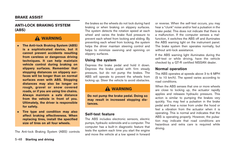 Brake assist -48, Anti-lock braking system (abs) -48 | NISSAN 2014 GT R - Owner's Manual User Manual | Page 245 / 354