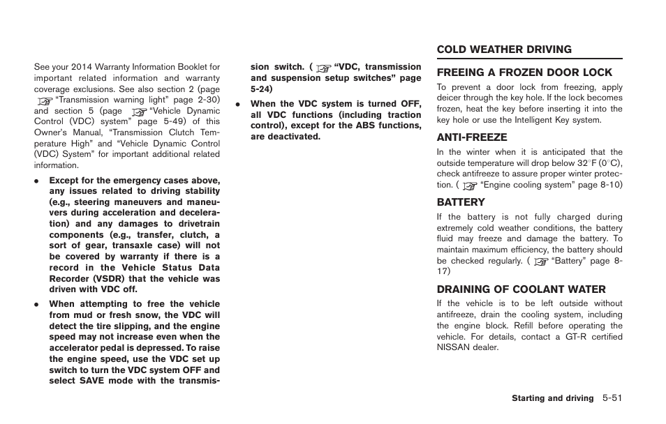 Cold weather driving -51, Freeing a frozen door lock -51 anti-freeze -51, Battery -51 draining of coolant water -51 | NISSAN 2014 GT R - Owner's Manual User Manual | Page 248 / 354