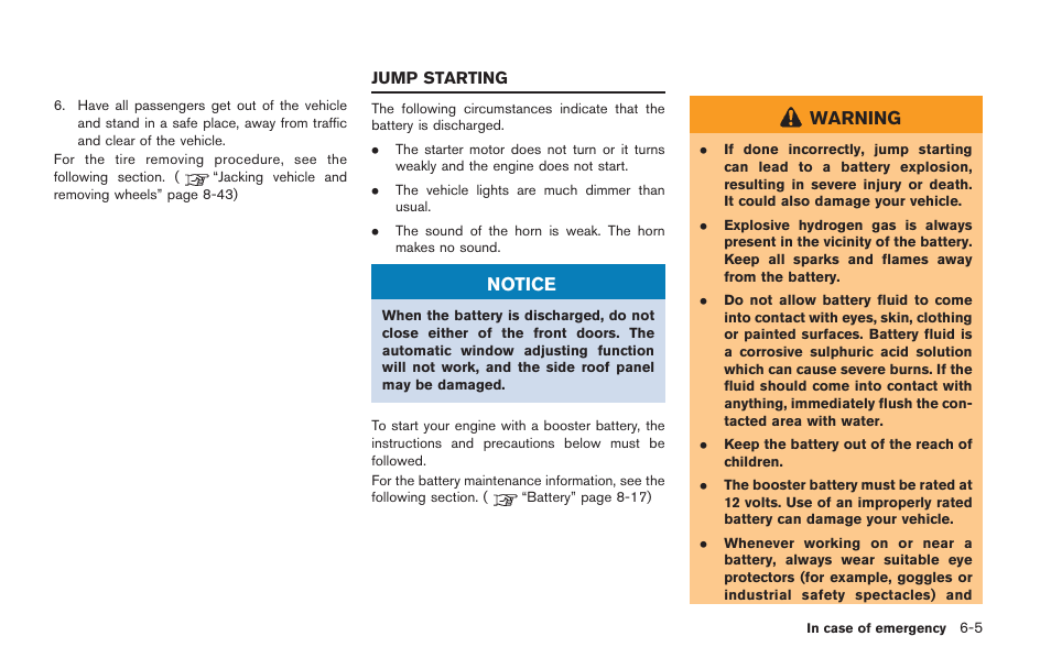Jump starting -5, Notice, Warning | NISSAN 2014 GT R - Owner's Manual User Manual | Page 256 / 354