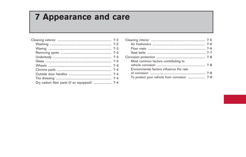 Appearance and care, 7 appearance and care | NISSAN 2014 GT R - Owner's Manual User Manual | Page 264 / 354