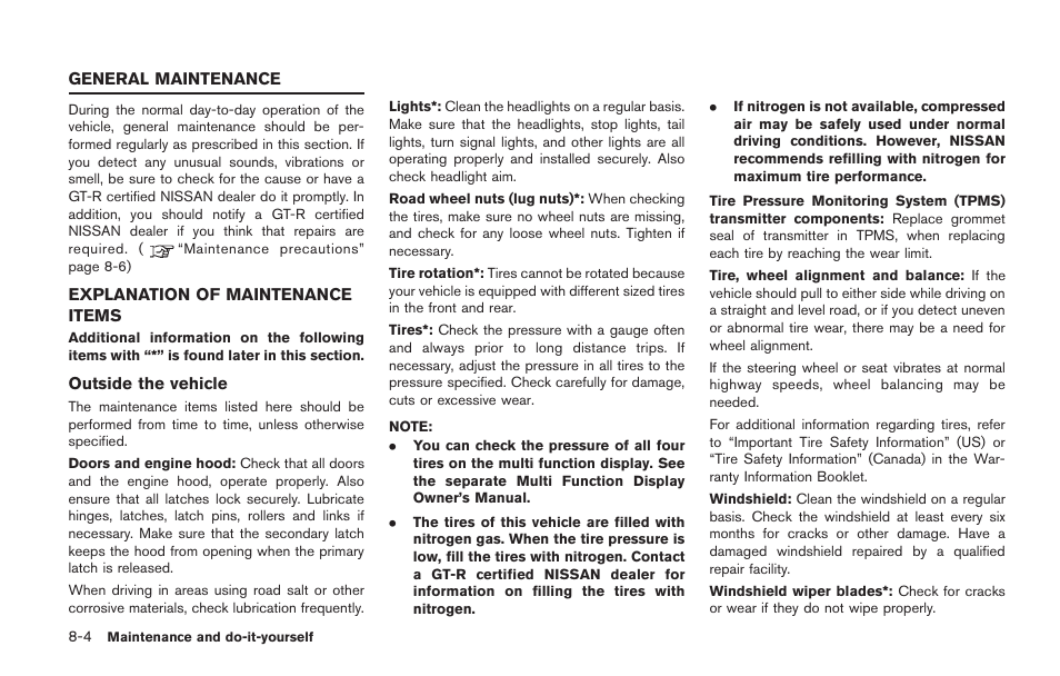 General maintenance -4, Explanation of maintenance items -4 | NISSAN 2014 GT R - Owner's Manual User Manual | Page 275 / 354
