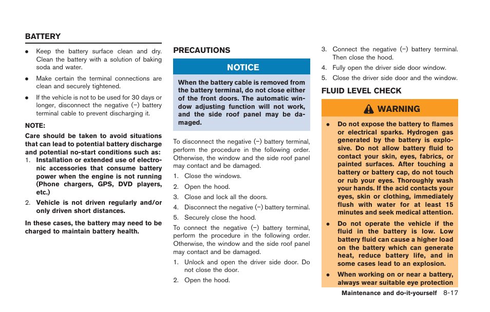 Battery -17, Precautions -17 fluid level check -17, Notice | Warning | NISSAN 2014 GT R - Owner's Manual User Manual | Page 288 / 354