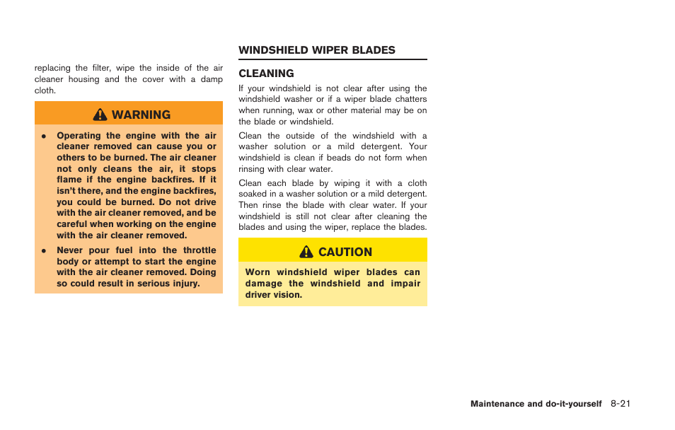 Windshield wiper blades -21, Cleaning -21 | NISSAN 2014 GT R - Owner's Manual User Manual | Page 292 / 354