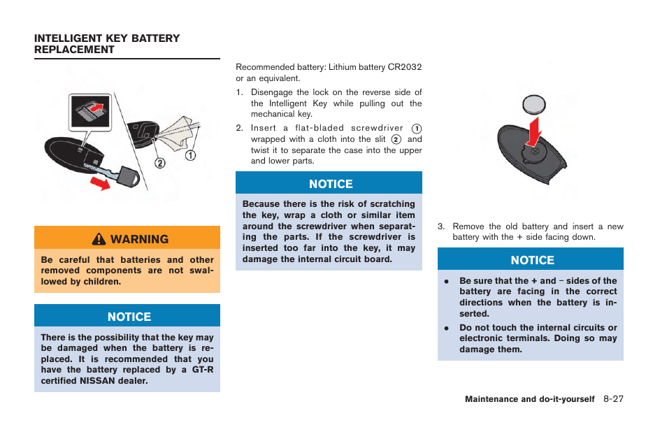 Intelligent key battery replacement -27 | NISSAN 2014 GT R - Owner's Manual User Manual | Page 298 / 354