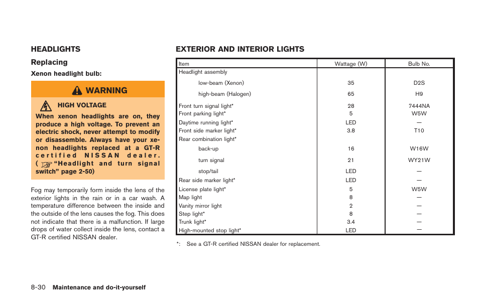 Headlights -30 exterior and interior lights -30, Warning, Headlights replacing | Exterior and interior lights | NISSAN 2014 GT R - Owner's Manual User Manual | Page 301 / 354