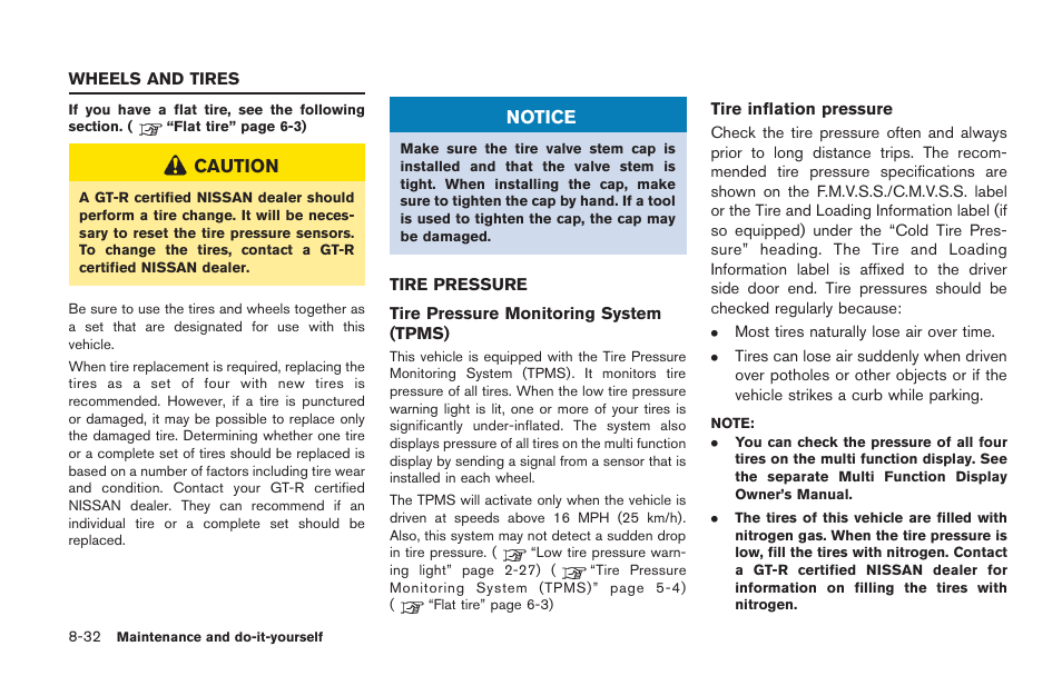Wheels and tires -32, Tire pressure -32 | NISSAN 2014 GT R - Owner's Manual User Manual | Page 303 / 354