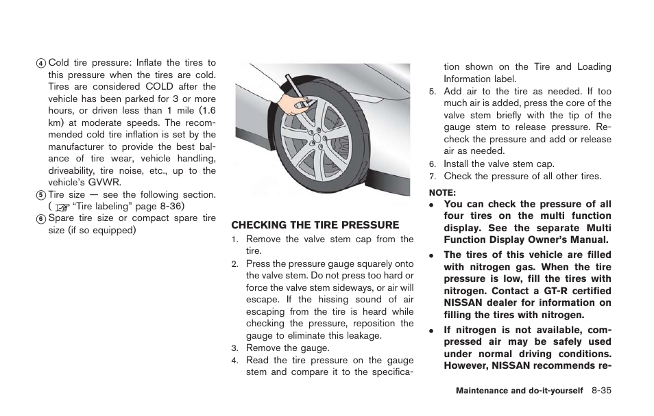 Checking the tire pressure -35 | NISSAN 2014 GT R - Owner's Manual User Manual | Page 306 / 354