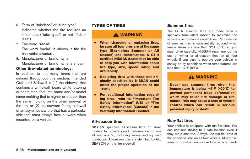 Types of tires -38 | NISSAN 2014 GT R - Owner's Manual User Manual | Page 309 / 354