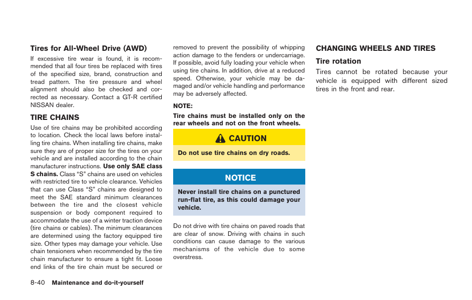 Tire chains -40, Changing wheels and tires -40 | NISSAN 2014 GT R - Owner's Manual User Manual | Page 311 / 354