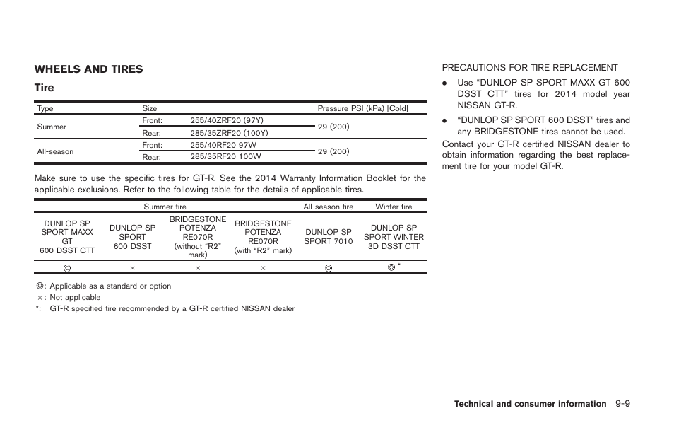 Wheels and tires -9, Wheels and tires tire | NISSAN 2014 GT R - Owner's Manual User Manual | Page 328 / 354