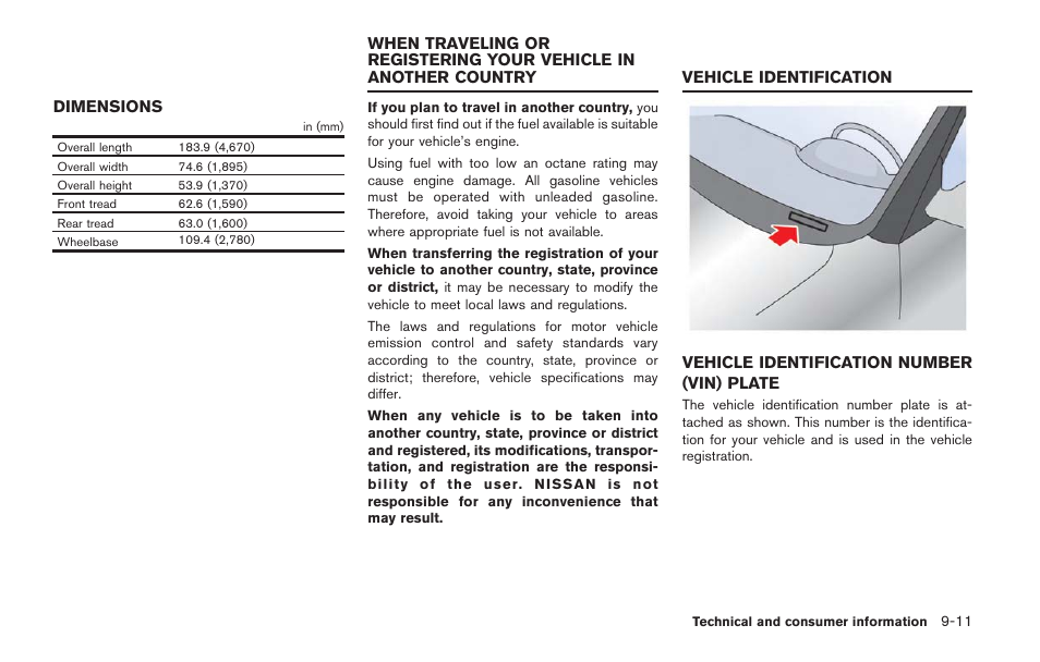 Dimensions -11, Vehicle identification number (vin) plate -11 | NISSAN 2014 GT R - Owner's Manual User Manual | Page 330 / 354