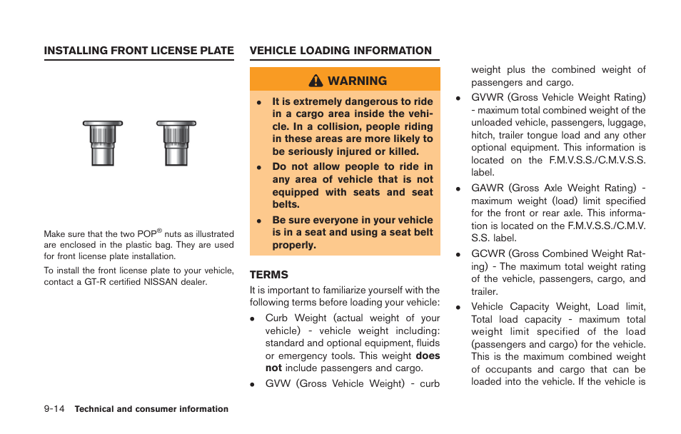 Installing front license plate -14, Vehicle loading information -14, Terms -14 | NISSAN 2014 GT R - Owner's Manual User Manual | Page 333 / 354