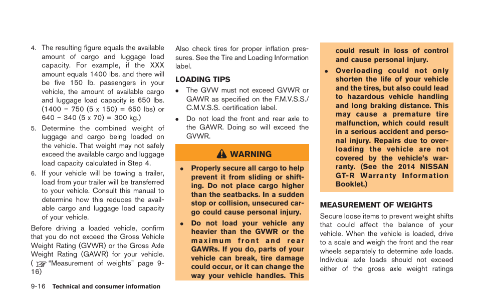 Loading tips -16 measurement of weights -16 | NISSAN 2014 GT R - Owner's Manual User Manual | Page 335 / 354