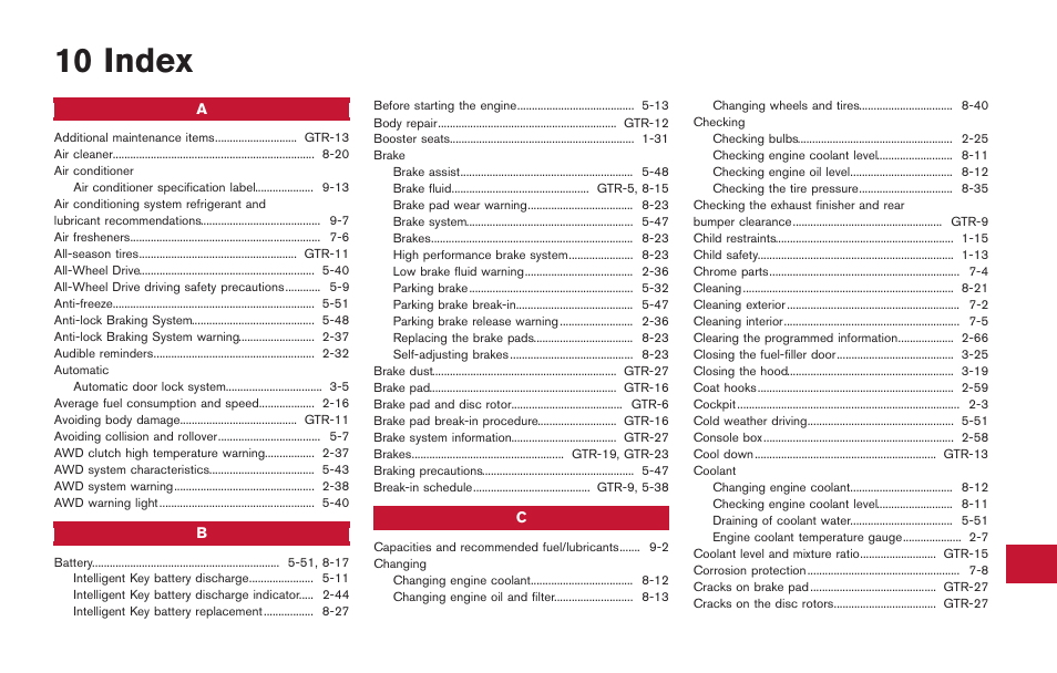 Index, 10 index | NISSAN 2014 GT R - Owner's Manual User Manual | Page 344 / 354