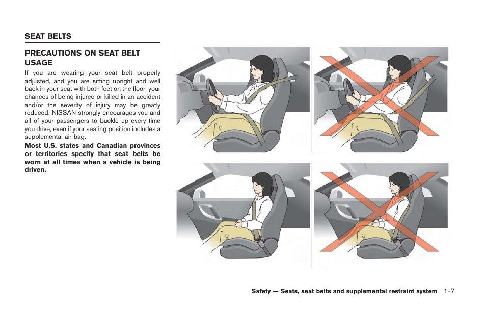 Seat belts -7, Precautions on seat belt usage -7 | NISSAN 2014 GT R - Owner's Manual User Manual | Page 56 / 354