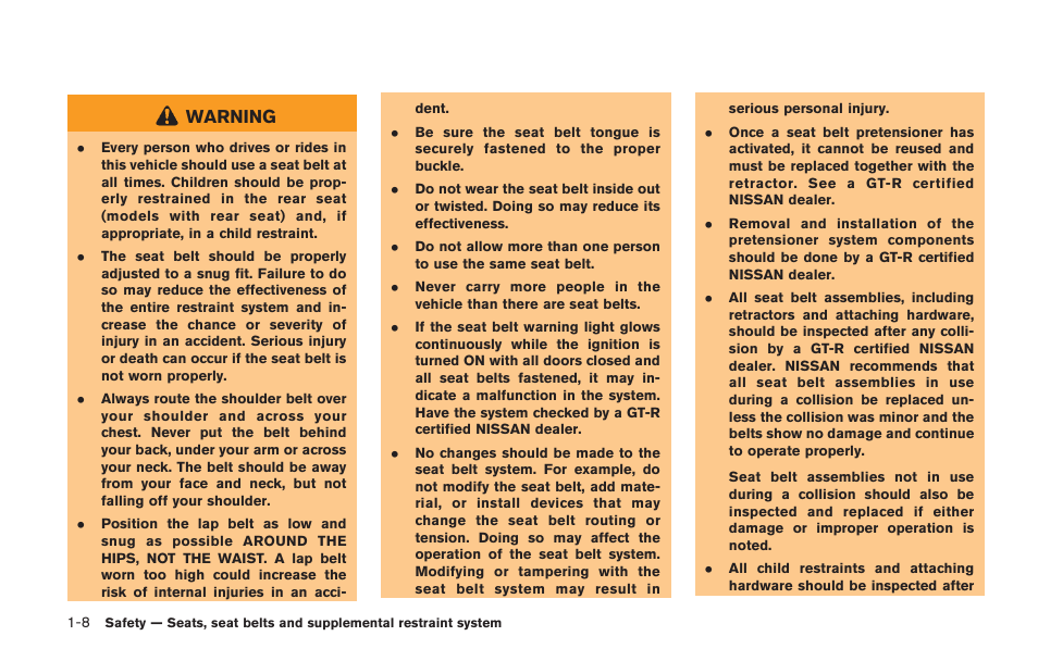 Warning | NISSAN 2014 GT R - Owner's Manual User Manual | Page 57 / 354