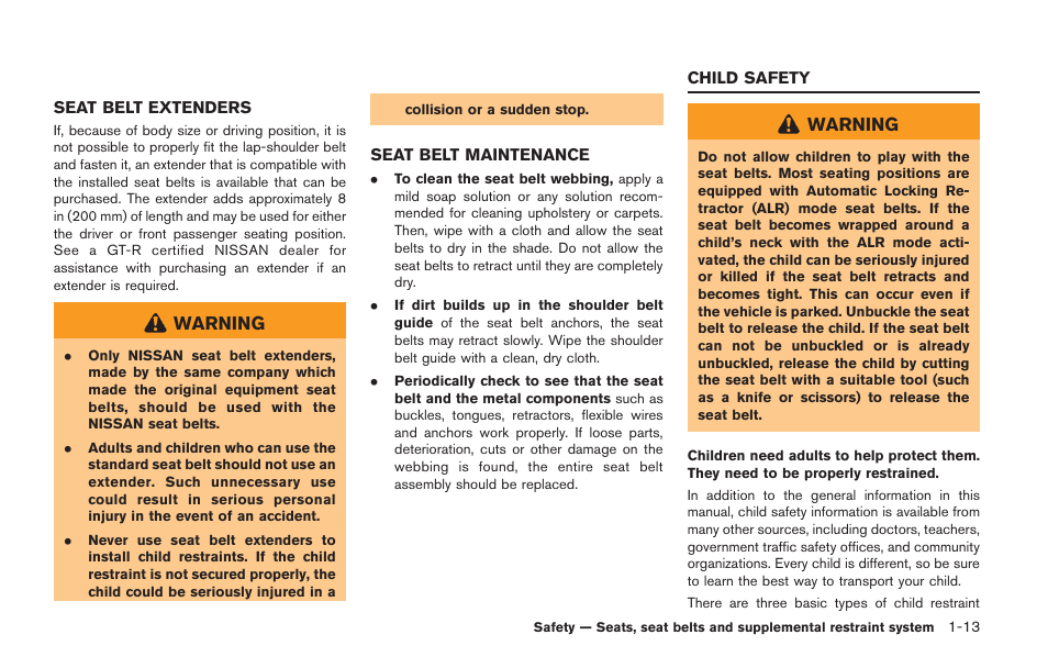 Seat belt extenders -13 seat belt maintenance -13, Child safety -13 | NISSAN 2014 GT R - Owner's Manual User Manual | Page 62 / 354