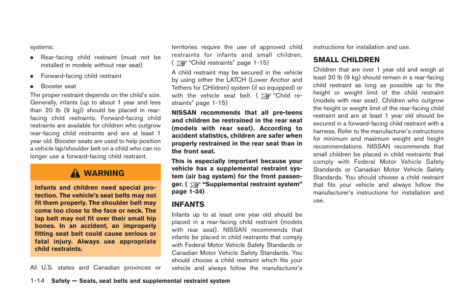 Infants -14 small children -14, Warning | NISSAN 2014 GT R - Owner's Manual User Manual | Page 63 / 354