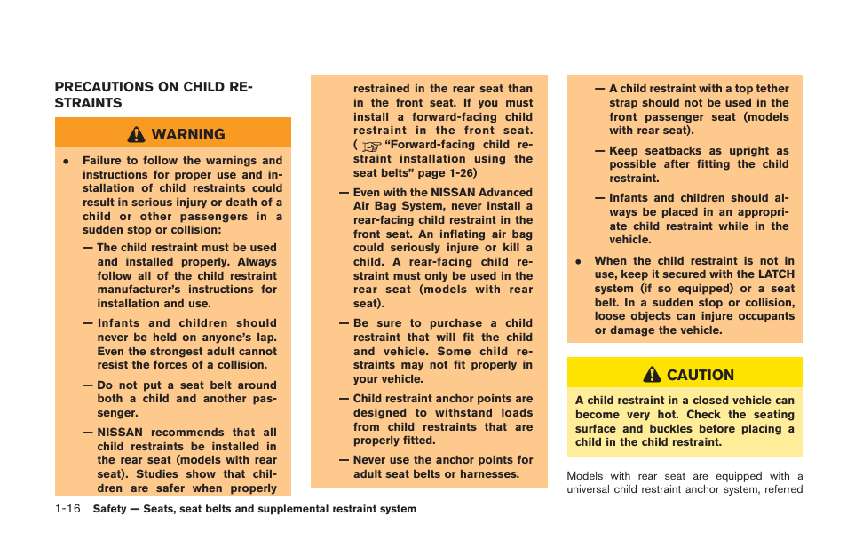 Precautions on child restraints -16, Warning, Caution | NISSAN 2014 GT R - Owner's Manual User Manual | Page 65 / 354