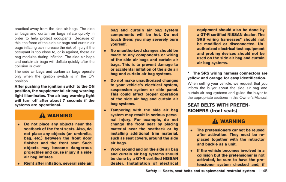 Seat belts with pretensioners (front seats) -45, Warning | NISSAN 2014 GT R - Owner's Manual User Manual | Page 94 / 354