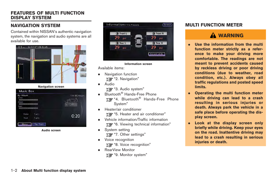 Features of multi function display system -2, Navigation system -2 multi function meter -2, Warning | NISSAN 2014 GT R - Multi Function Display Owner's Manual User Manual | Page 11 / 314