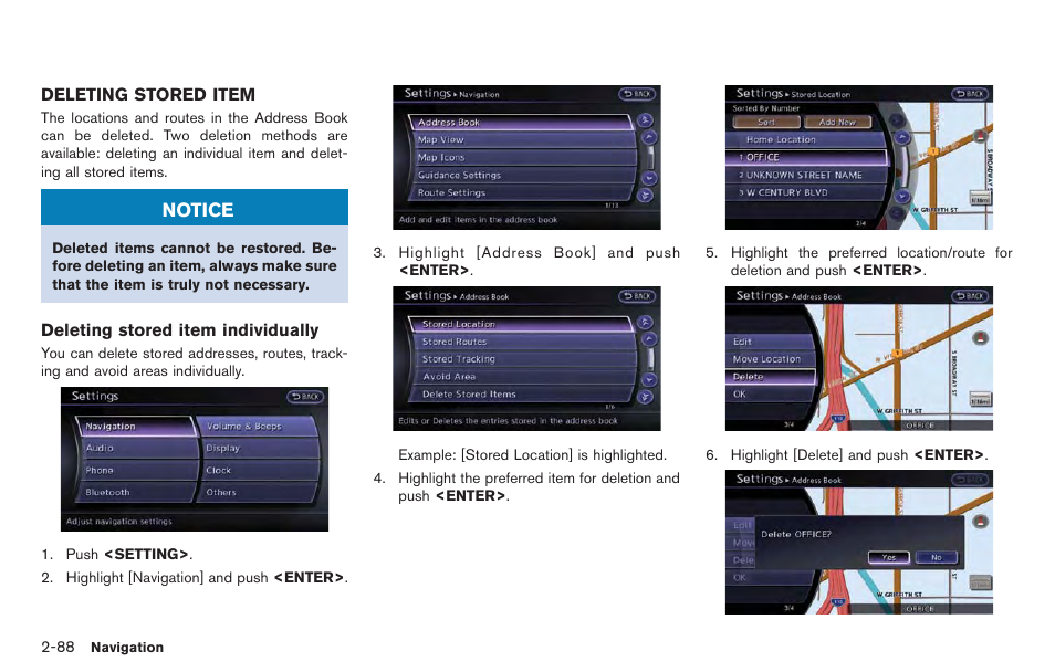 Deleting stored item -88, Notice | NISSAN 2014 GT R - Multi Function Display Owner's Manual User Manual | Page 115 / 314