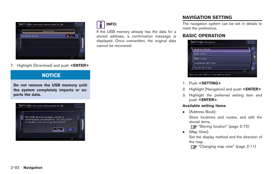 Navigation setting -92, Basic operation -92, Notice | NISSAN 2014 GT R - Multi Function Display Owner's Manual User Manual | Page 119 / 314