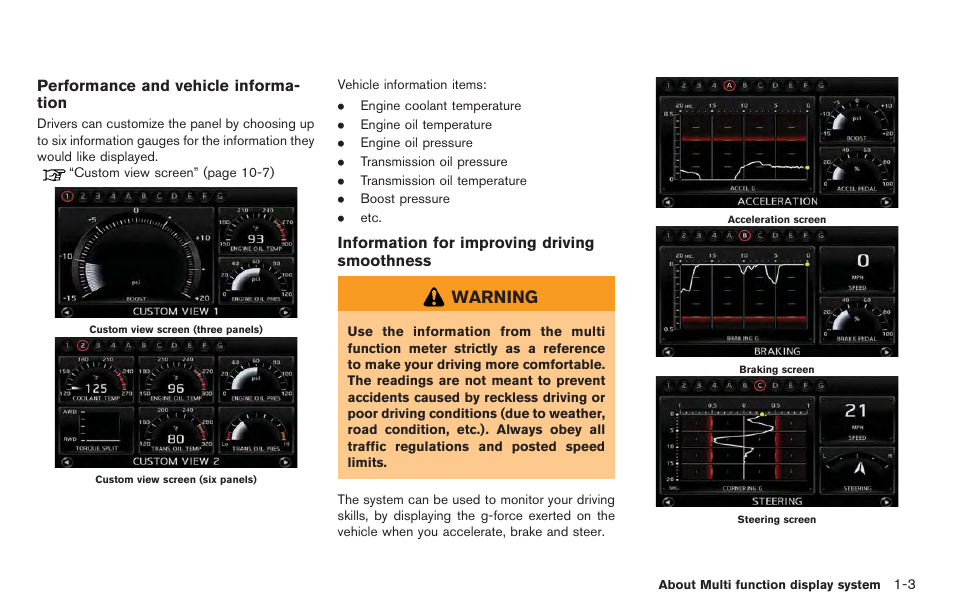 Warning | NISSAN 2014 GT R - Multi Function Display Owner's Manual User Manual | Page 12 / 314