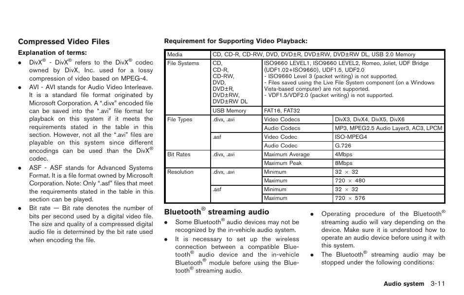 Compressed video files, Bluetooth, Streaming audio | NISSAN 2014 GT R - Multi Function Display Owner's Manual User Manual | Page 138 / 314